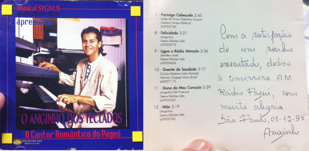 Capa e contra capa do CD de Ajinho com dedicatória à Rádio Pajeú em 1995.