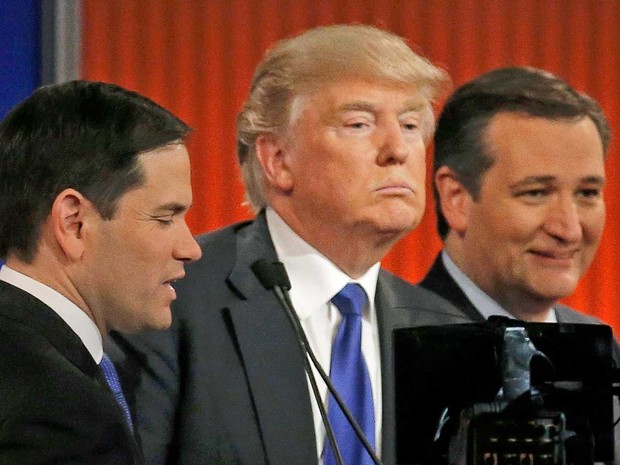 Marco Rubio, Donald Trump e Ted Cruz, em debate republicano em Detroit (Foto: Jim Young / Reuters)