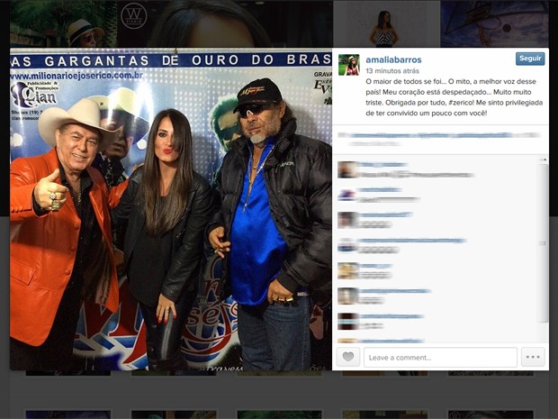 Amália Barros, assessora de impressa da dupla Milionário e José Rico (à direita), lamenta morte do cantor (Foto: Reprodução/Instagram)